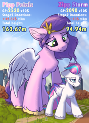 Size: 1600x2200 | Tagged: safe, artist:ravistdash, pipp petals, zipp storm, pegasus, pony, g5, building, central park, chest fluff, city, destruction, female, giant pegasus, giant pony, growth drive, macro, mare, new york city, park, pipp is tall, role reversal, royal sisters (g5), siblings, sisters, size difference, smiling, smirk, text, zipp is short