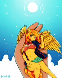 Size: 641x800 | Tagged: safe, artist:irinar85, oc, oc only, oc:firetale, pegasus, anthro, anthro oc, bra, clothes, commission, female, hand, holding a pony, in goliath's palm, micro, midriff, pegasus oc, size difference, skirt, underwear