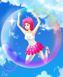 Size: 3275x3990 | Tagged: safe, artist:film77asq, pinkie pie, human, bubble, clothes, cloud, female, humanized, in bubble, rah rah skirt, skirt, sky, sky background, solo