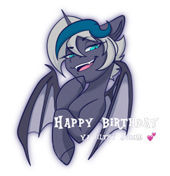 Size: 1243x1282 | Tagged: safe, artist:wicked-red-art, oc, oc only, oc:elizabat stormfeather, alicorn, bat pony, bat pony alicorn, pony, alicorn oc, bat pony oc, bat wings, bedroom eyes, birthday, birthday gift, fangs, female, heart, horn, mare, misspelling, open mouth, raised hoof, simple background, solo, transparent background, wings