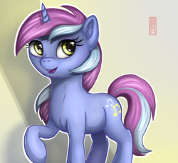 Size: 1178x1083 | Tagged: safe, artist:celsian, lavender melody, pony, unicorn, g4, background pony, ear fluff, female, looking at you, mare, open mouth, raised hoof, signature, solo