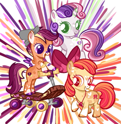 Size: 547x561 | Tagged: safe, artist:goldlines005, apple bloom, scootaloo, sweetie belle, earth pony, pegasus, pony, unicorn, g4, abstract background, cutie mark crusaders, eyelashes, female, filly, foal, scooter, the cmc's cutie marks