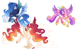 Size: 1111x719 | Tagged: safe, artist:goldlines005, princess cadance, princess celestia, princess luna, alicorn, pony, g4, female, flying, horn, looking back, mare, redesign, simple background, transparent background, wings