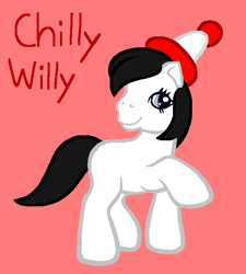 Size: 562x624 | Tagged: safe, artist:mlpfanboy579, bird, earth pony, penguin, pony, g3, black hair, black mane, black tail, chilly willy, crossover, female, full body, gray eyes, hat, hooves, mare, ponified, raised hoof, raised leg, red background, simple background, smiling, solo, standing, tail, the new woody woodpecker show, winter hat, woody woodpecker