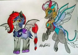 Size: 1920x1350 | Tagged: safe, artist:monse2001, oc, oc only, oc:emerald, oc:rubi, bat pony, changedling, changeling, pony, adopted offspring, armor, bat pony oc, changedling oc, changeling oc, deviantart watermark, duo, helmet, night guard, obtrusive watermark, parent:twilight sparkle, rearing, siblings, signature, traditional art, watermark