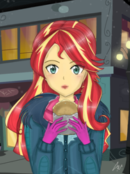 Size: 536x715 | Tagged: safe, artist:namieart, sunset shimmer, equestria girls, g4, clothes, female, food, solo