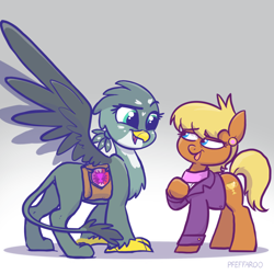 Size: 2048x2048 | Tagged: safe, artist:pfeffaroo, gabby, ms. harshwhinny, earth pony, griffon, pony, g4, badge, bag, chest fluff, clothes, duo, ear piercing, earring, female, high res, jewelry, looking at each other, looking at someone, mare, piercing, saddle bag