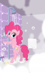 Size: 1200x1920 | Tagged: safe, artist:zigrock, pinkie pie, earth pony, pony, g4, bipedal, bubble, female, looking at you, looking back, looking back at you, mare, shower, solo, standing on two hooves, towel