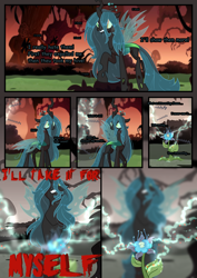 Size: 2894x4093 | Tagged: safe, artist:stormcloud-yt, queen chrysalis, changeling, changeling queen, g4, base used, comic, female, outdoors, poison joke, raised hoof, talking
