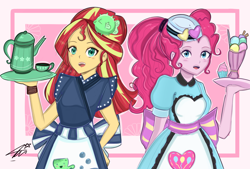 Size: 1748x1181 | Tagged: safe, artist:namieart, pinkie pie, sunset shimmer, equestria girls, g4, cup, duo, female, food, ice cream, server pinkie pie, sunset sushi, tea, teacup, waitress