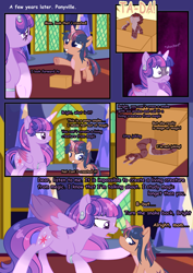 Size: 2894x4093 | Tagged: safe, artist:stormcloud-yt, twilight sparkle, oc, alicorn, pony, g4, base used, cardboard box, comic, dialogue, female, filly, foal, indoors, mare, misspelling, offspring, parent:flash sentry, parent:twilight sparkle, parents:flashlight, raised hoof, twilight sparkle (alicorn)