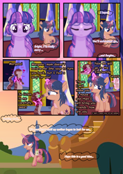 Size: 2894x4093 | Tagged: safe, artist:stormcloud-yt, twilight sparkle, oc, alicorn, pony, g4, bag, base used, comic, dialogue, eyes closed, female, filly, foal, glowing, glowing horn, horn, looking back, magic, mare, offspring, outdoors, parent:flash sentry, parent:twilight sparkle, parents:flashlight, saddle bag, telekinesis, twilight sparkle (alicorn)