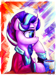 Size: 3000x4032 | Tagged: safe, artist:mjsw, starlight glimmer, pony, unicorn, g4, beautiful, chocolate, clothes, colorful, female, food, hot chocolate, mare, masterpiece, mug, older, older starlight glimmer, solo, thinking