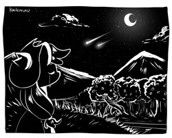 Size: 2500x2000 | Tagged: safe, artist:kaikururu, applejack, earth pony, pony, g4, apple, apple tree, cloud, crescent moon, crying, female, hat, high res, inktober, inktober 2018, intertwined trees, mare, monochrome, moon, mountain, night, outdoors, pear tree, shooting star, solo, stars, tree