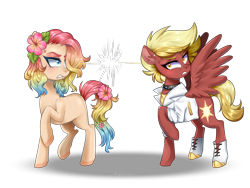 Size: 1600x1200 | Tagged: safe, artist:kaikururu, oc, earth pony, pegasus, pony, annoyed, clothes, duo, earth pony oc, female, flower, flower in hair, hair over one eye, looking back, mare, multicolored hair, pegasus oc, rainbow hair, raised hoof, simple background, transparent background, wings