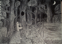 Size: 1001x707 | Tagged: safe, artist:sasha4213, oc, oc only, pony, bonfire, campfire, fire, forest, moon, night, solo, tent, traditional art