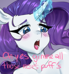 Size: 367x396 | Tagged: safe, artist:kaikururu, rarity, unicorn, anthro, g4, bust, cropped, eyelashes, female, glowing, glowing horn, horn, open mouth, simple background, solo, talking, tongue out