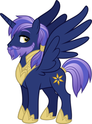 Size: 2210x2990 | Tagged: safe, artist:shakespearicles, artist:whalepornoz, oc, oc only, oc:prince nova sparkle, alicorn, pony, fanfic:cat's cradle, g4, alicorn oc, beard, facial hair, fimfiction, high res, horn, jewelry, male, moustache, offspring, parent:shining armor, parent:twilight sparkle, parents:shining sparkle, ponytail, prince, product of incest, product of sparklecest, regalia, royalty, shakespearicles, show accurate, simple background, solo, stallion, standing, transparent background, wings