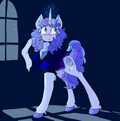 Size: 3480x3508 | Tagged: safe, artist:paskanaakka, derpibooru exclusive, oc, oc only, oc:midnight dew, pony, unicorn, alternate timeline, blushing, clothes, colored hooves, cute, ear fluff, female, heart eyes, high res, horn, mare, night, nightmare takeover timeline, pony oc, raised hoof, smiling, solo, stars, tail, tail wrap, unicorn oc, uniform, unshorn fetlocks, wingding eyes