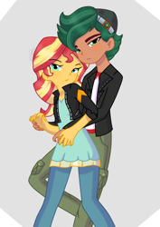 Size: 700x990 | Tagged: safe, artist:imtailsthefoxfan, sunset shimmer, timber spruce, equestria girls, g4, clothes, duo, female, jacket, leather jacket, male, ship:timbershimmer, shipping, straight