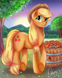 Size: 1080x1350 | Tagged: safe, artist:xxdarickxx, applejack, earth pony, pony, g4, apple, apple tree, applejack's hat, basket, cowboy hat, female, food, hat, looking at you, smiling, solo, tree, underhoof