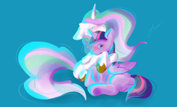 Size: 1280x773 | Tagged: safe, artist:wifflethecatboi, princess celestia, twilight sparkle, alicorn, pony, g4, blue background, duo, female, hug, simple background, twilight sparkle (alicorn)