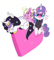 Size: 1450x1613 | Tagged: safe, artist:aztrial, princess flurry heart, oc, oc:bitterroot, oc:puck, pony, g4, blushing, colt, female, filly, foal, frown, grumpy, heart, heart eyes, looking at you, male, offspring, older, older flurry heart, one eye closed, parent:princess cadance, parent:shining armor, parents:shiningcadance, princess emo heart, siblings, simple background, trio, white background, wingding eyes, wink, winking at you
