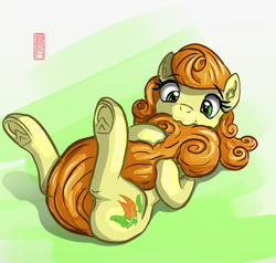 Size: 2971x2834 | Tagged: safe, artist:celsian, carrot top, golden harvest, earth pony, pony, g4, :3, background pony, biting, cute, cutie top, dog lip, doodle, featured image, female, frog (hoof), lying down, mare, nom, on back, signature, solo, tail, tail bite, underhoof
