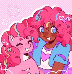 Size: 1080x1111 | Tagged: safe, artist:nyxsio, pinkie pie, earth pony, human, pony, g4, blue eyes, blushing, bow, candy, clothes, dark skin, eyebrows, eyes closed, female, food, hair bow, happy, heart, heart eyes, human paradox, human ponidox, humanized, open mouth, pink hair, pink mane, self paradox, self ponidox, shirt, simple background, sparkles, wingding eyes