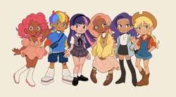 Size: 1080x596 | Tagged: safe, artist:rosabeeart, applejack, fluttershy, pinkie pie, rainbow dash, rarity, twilight sparkle, human, g4, bag, bandaid, boots, cardigan, clothes, dark skin, dress, ear piercing, earring, female, flower, full body, group, hairpin, happy, hat, headband, humanized, jewelry, leg warmers, long hair, looking at you, mane six, necklace, necktie, overalls, piercing, platform shoes, pleated skirt, pretty, shoes, short hair, shorts, simple background, skirt, smiling, smirk, socks, vest, waving