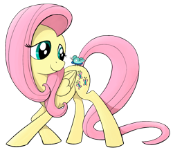 Size: 1091x948 | Tagged: safe, artist:reconprobe, fluttershy, butterfly, pegasus, pony, g4, butterfly on butt, female, insect on butt, looking at something, looking back, mare, simple background, solo, standing, transparent background