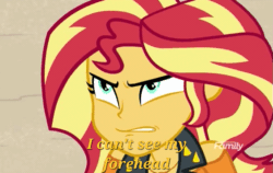 Size: 565x358 | Tagged: safe, edit, screencap, sunset shimmer, equestria girls, equestria girls series, forgotten friendship, g4, angry, angry eyes, animated, beach, clothes, discovery family, discovery family logo, female, i can't see my forehead, jacket, logo, patty hype, spongebob squarepants, text edit