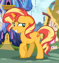 Size: 546x587 | Tagged: safe, screencap, sunset shimmer, pony, unicorn, equestria girls, equestria girls specials, g4, my little pony equestria girls: better together, my little pony equestria girls: spring breakdown, cropped, female, looking back, mare, nervous, nervous smile, smiling, solo, twilight's castle