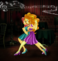Size: 2196x2320 | Tagged: safe, artist:ponymaan, adagio dazzle, sunset shimmer, equestria girls, g4, backless, bare shoulders, clothes, dancing, duo, female, high heels, high res, lesbian, music notes, ship:sunsagio, shipping, shoes, sleeveless, tango