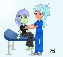 Size: 2144x1952 | Tagged: safe, artist:bageloftime, frosty orange, key lime, equestria girls, g4, barefoot, checkup, clothes, commission, duo, equestria girls-ified, exam table, feet, nurse, pajamas, scrubs (gear), stethoscope