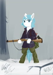 Size: 2480x3508 | Tagged: safe, artist:cunben_mapleleaf, oc, oc only, oc:edelweiss, alicorn, pony, semi-anthro, arm hooves, clothes, digital art, gun, high res, horn, looking at you, rifle, weapon, winter