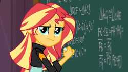 Size: 3410x1920 | Tagged: safe, screencap, sunset shimmer, acadeca, equestria girls, g4, my little pony equestria girls: friendship games, chalkboard, clothes, female, high res, jacket, leather, leather jacket, solo