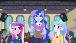 Size: 3410x1920 | Tagged: safe, screencap, bon bon, dean cadance, jet set, princess cadance, princess celestia, princess luna, principal celestia, sweetie drops, vice principal luna, equestria girls, g4, my little pony equestria girls: friendship games, clipboard, female, high res, male, smiling, speaker