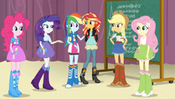 Size: 3410x1920 | Tagged: safe, screencap, applejack, fluttershy, pinkie pie, rainbow dash, rarity, sunset shimmer, equestria girls, g4, my little pony equestria girls: friendship games, applejack's hat, belt, boots, bracelet, chalkboard, clothes, cowboy hat, cutie mark on clothes, denim skirt, female, hairpin, hat, high heel boots, high res, humane five, jacket, jewelry, leather, leather jacket, shoes, skirt, sleeveless, smiling, tank top
