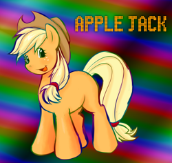 Size: 960x908 | Tagged: safe, artist:sephirothisshot23234, applejack, earth pony, pony, g4, gradient background, looking at you, rainbow background, smiling, solo, standing