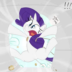 Size: 600x600 | Tagged: safe, artist:thegalen, rarity, pony, unicorn, g4, cloud, exclamation point, female, food, mare, muffin, open mouth, plane, scared, screaming, shrunken pupils, solo