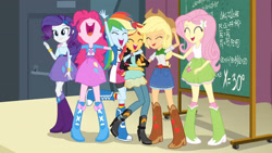 Size: 3410x1920 | Tagged: safe, screencap, applejack, fluttershy, pinkie pie, rainbow dash, rarity, sunset shimmer, equestria girls, g4, my little pony equestria girls: friendship games, ^^, applejack's hat, bare shoulders, boots, bracelet, chalkboard, clothes, cowboy hat, cutie mark on clothes, denim skirt, eyes closed, female, hairpin, hat, high heel boots, high res, humane five, jacket, jewelry, leather, leather jacket, nose in the air, open mouth, open smile, shoes, skirt, sleeveless, smiling, tank top, uvula, volumetric mouth