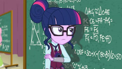 Size: 3410x1920 | Tagged: safe, screencap, fluttershy, sci-twi, twilight sparkle, equestria girls, g4, my little pony equestria girls: friendship games, chalkboard, female, glasses, high res, magic capture device, solo focus