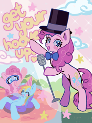 Size: 1668x2224 | Tagged: safe, artist:cupidmotel, pinkie pie, rainbow dash, earth pony, pegasus, pony, g4, pinkie pride, bipedal, blush sticker, blushing, bowtie, goggles, hat, inner tube, make a wish, microphone, open mouth, open smile, party hat, smiling, spotlight, swim mask, top hat, water