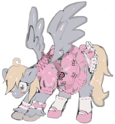 Size: 954x1023 | Tagged: safe, artist:cupidmotel, derpy hooves, pegasus, pony, g4, blushing, clothes, dress, simple background, socks, solo, spread wings, white background, wings
