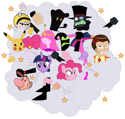 Size: 2956x2812 | Tagged: safe, artist:nathaniel718, pinkie pie, twilight sparkle, alicorn, pikachu, pony, g4, adventure time, ball of violence, billy (billy and mandy), black hat (villainous), cartoon network, codename kids next door, crossover, dust cloud, father (knd), female, fight, giovanni, high res, male, mandy, nergal, nergal and princess bubblegum, pokémon, princess bubblegum, punch, the grim adventures of billy and mandy, twilight sparkle (alicorn), villainous
