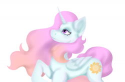 Size: 1280x839 | Tagged: safe, artist:wifflethecatboi, princess celestia, alicorn, pony, g4, cutie mark, flowing mane, flowing tail, lineless, pink eyes, pink-mane celestia, simple background, solo, tail, white background