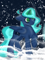 Size: 1280x1707 | Tagged: safe, artist:wifflethecatboi, oc, oc:moonie hearts (old), alicorn, pony, blue hair, blue mane, blue tail, cloud, flowing mane, green eyes, signature, solo, tail