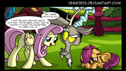 Size: 1280x720 | Tagged: safe, artist:veggie55, artist:wubcakeva, discord, fluttershy, scootaloo, bear, draconequus, pegasus, pony, g4, animated, comic, comic dub, female, filly, foal, male, mare, plushie, sound, teddy bear, voice acting, webm