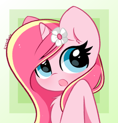 Size: 4144x4328 | Tagged: safe, alternate version, artist:kittyrosie, oc, oc only, oc:rosa flame, pony, unicorn, :o, abstract background, blue eyes, bust, chest fluff, flower, flower in hair, heart eyes, open mouth, solo, wingding eyes